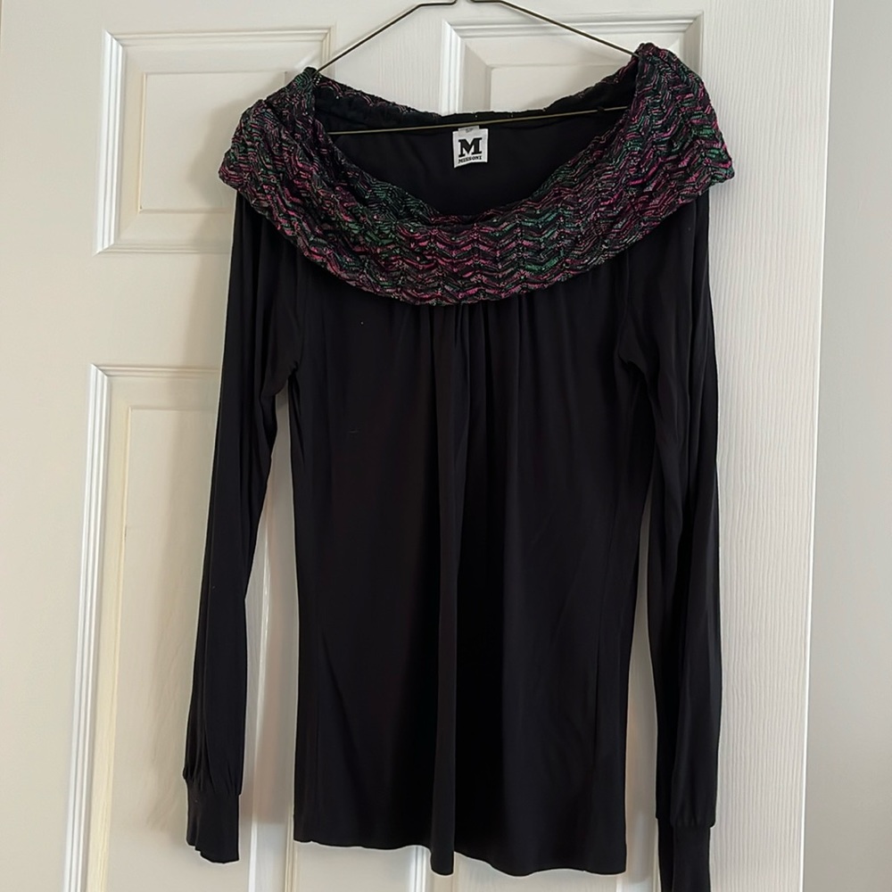 Missoni Black Long Sleeve Top with Multicolor Knit Boatneck